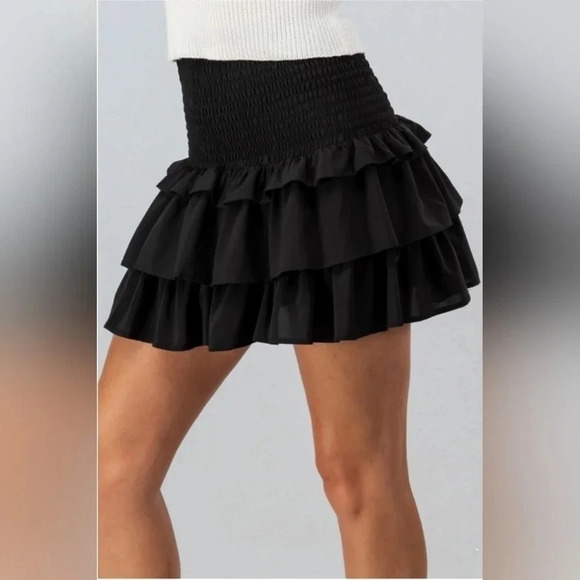 Black Ruffled Tiered Smock Waist Skirt - Picture 1 of 10
